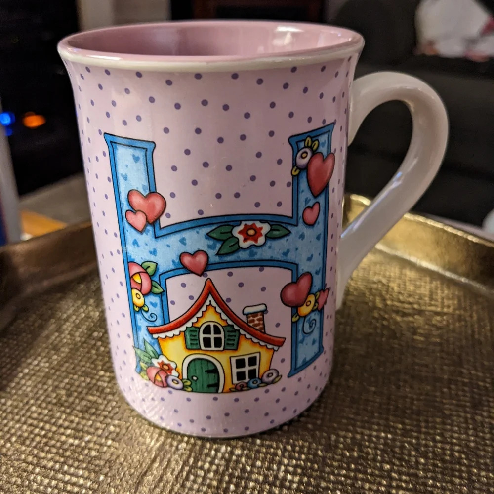 Mary Engelbreit Mug Initial H Purple Lavender Blue House Heart Floral Whimsical